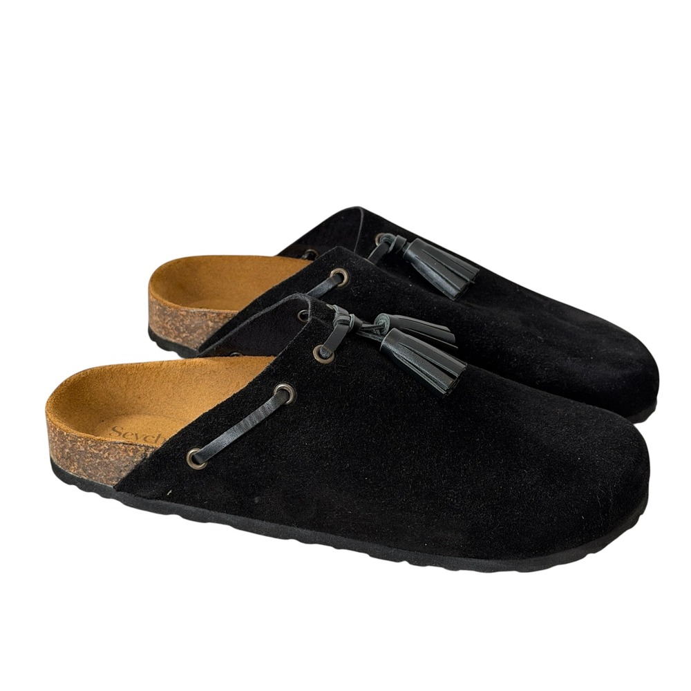 Seychelles Los Angeles 8.5 Windswept Black Suede Tassel Clogs Mules Slip On